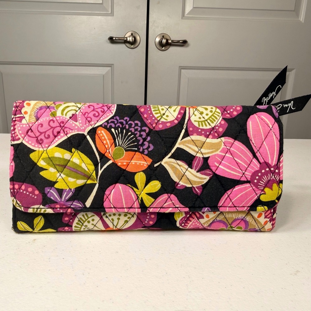 Vera Bradley Quilted Floral Trifold Wallet Black Purple Pink Organizer One Size